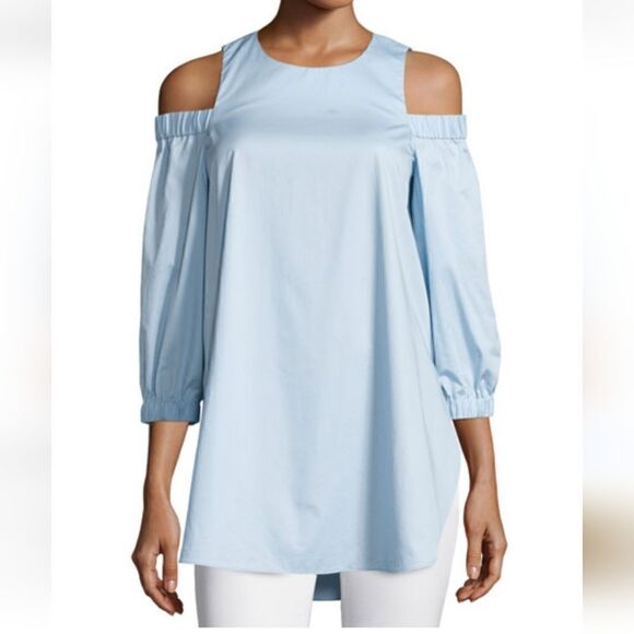 TibiSatin Poplin Cold-Shoulder Blouse, Morning Blue - Picture 1 of 13